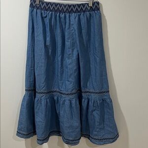 Lapis Women’s Skirt Medium 100% Cotton Bohemian Tiered Embroidered Chambray Blue